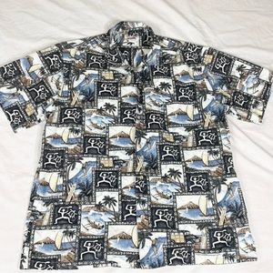VTG Evergreen Island Mens Hawaiian Tiki Short Sleeve Button Up Shirt Size L